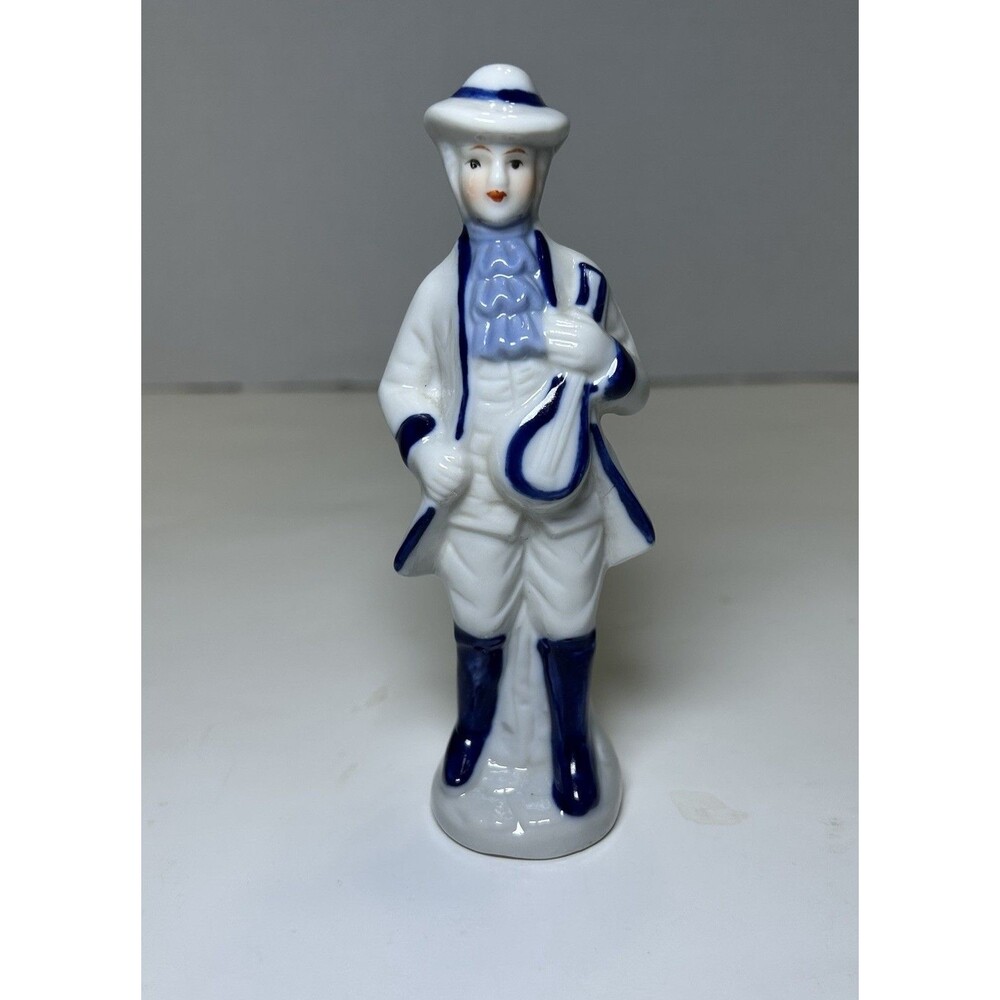 Vintage Victorian/Colonial Porcelain Man Playing Instrument Figurine White/Blue